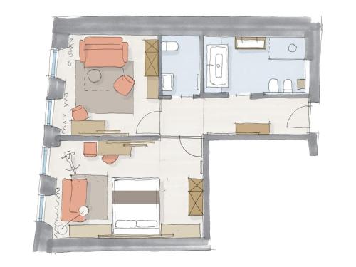 a floor plan of a room with furniture at Guesthouse Suiteseven in Merano