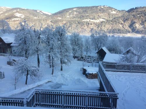 a village covered in snow with mountains in the background at Ferienwohnungen Gritzner in Tröpolach