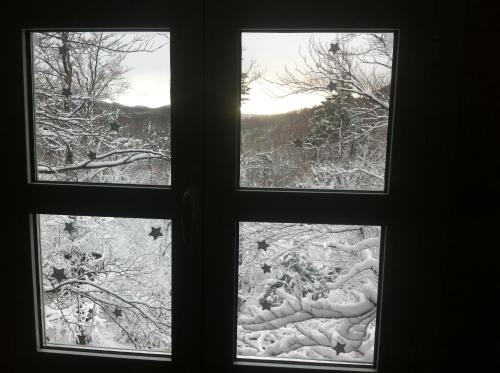 a window with a view of a snow covered yard at Planinska vikendica LUCIJA in Fužine