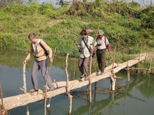three people crossing a bamboo bridge over a body of water at Hotel Rainforest in Sauraha