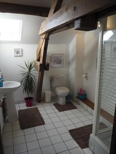 une salle de bain avec toilettes et lavabo dans l'établissement Villas de Leypinas Gites, à Saint-Pardoux-Corbier