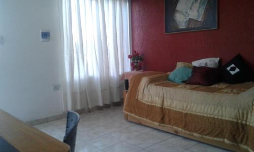 a bedroom with a bed and a red wall at Tu Lugar in Tunuyán