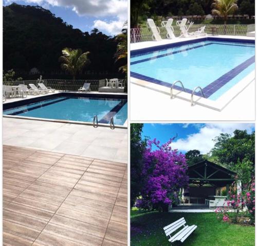 a collage of three pictures of a swimming pool at Pousada Jupter in Teresópolis
