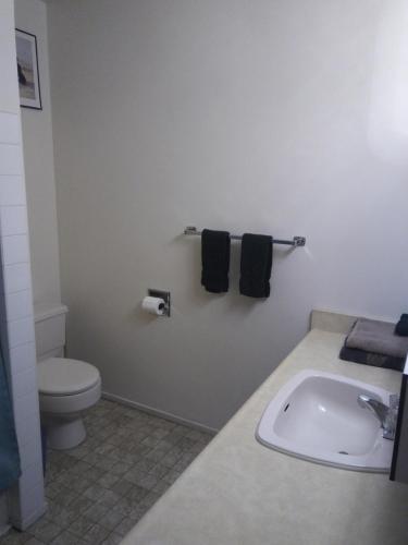 a white bathroom with a toilet and a sink at Rosedale Manor in Duncan
