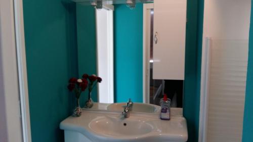 a bathroom with a sink and a mirror at Casa delle Camelie in Sorico