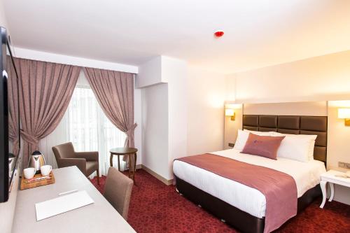 イズミールにあるPerla Arya Hotelのベッドとデスクが備わるホテルルームです。