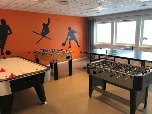 2 mesas de ping pong en una habitación con pelotas de ping pong en Lyngmo Gjestehus, en Hafslo