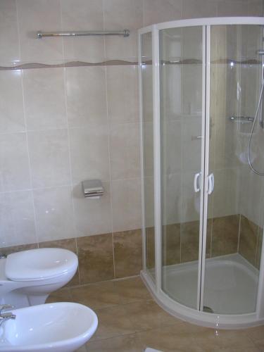 a bathroom with a shower and a toilet at Garni La Tambra in Selva di Val Gardena
