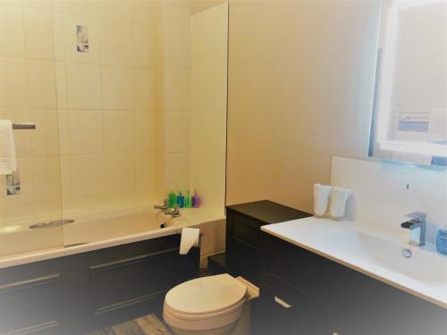 a bathroom with a toilet and a sink and a shower at Dunroamin Self-Catering Apartment in Aviemore