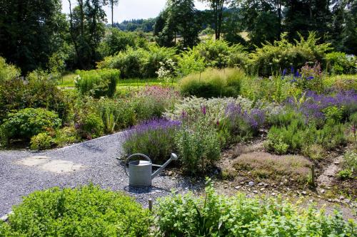 a garden with purple flowers and a watering can at Schloss Wartegg in Rorschacherberg