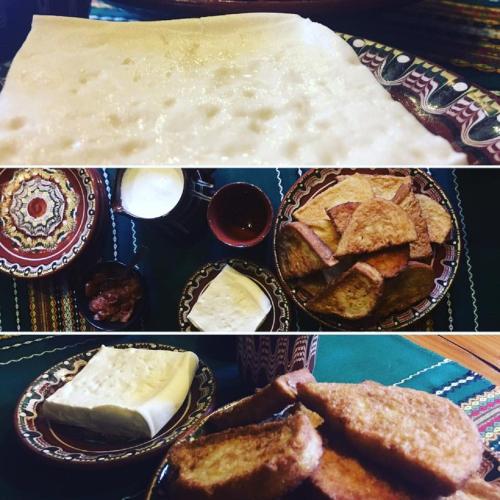 two pictures of different types of bread and cheese at Villa Mark in Kraevo