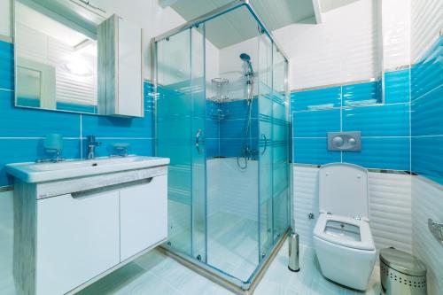 baño azul con aseo y ducha de cristal en Derin Mavi Suit Butik Otel, en Sogut