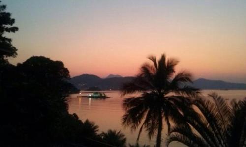 a palm tree and a boat on a river at sunset at Cabana do Mar in Angra dos Reis