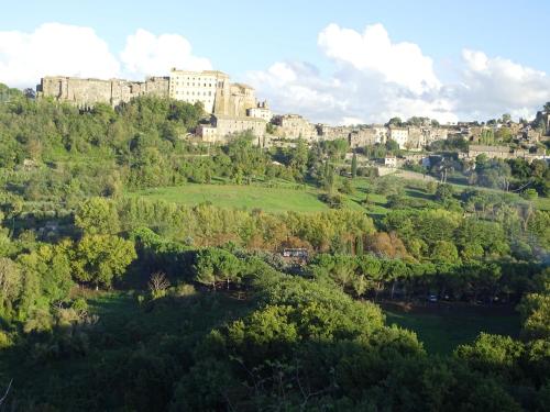 a castle on top of a hill next to a river at La Casa Del Sole in Bomarzo