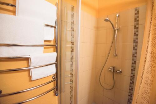 uma casa de banho com um chuveiro e uma porta de vidro em Guest House Lotus em Palanga