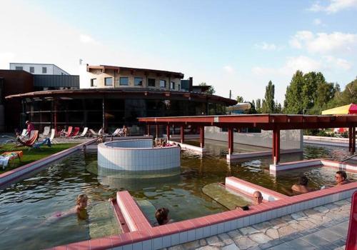 un grupo de personas nadando en una piscina en Hostel Maros, en Győr