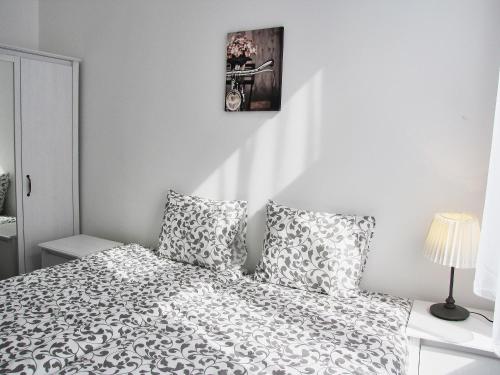 ブダペストにあるShabby Chic Budapest | Apartmentのベッドルーム1室(白黒のベッド1台、枕2つ付)