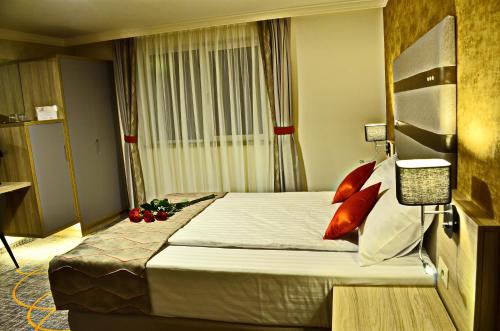 a hotel room with a bed with red pillows at Hotel Baril in Haţeg