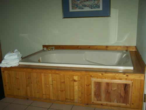 a bath tub in a bathroom with wooden cabinets at Majestic Mountain Inn in Payson