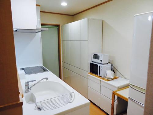 uma pequena cozinha com um lavatório e um micro-ondas em Utatei Villa em Takayama