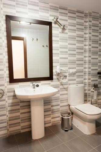 a bathroom with a sink and a toilet and a mirror at Apartamentos Sol de Mayo in Úbeda