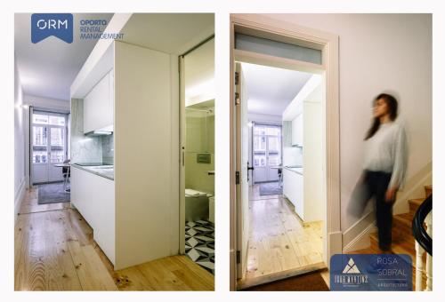 a room with a door and a woman walking into a kitchen at ORM - 3 C´s Apartments in Porto