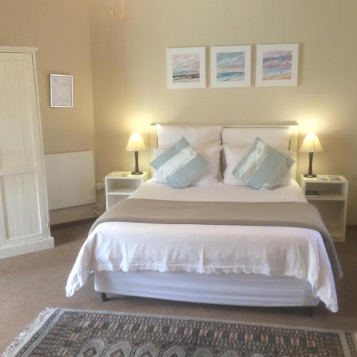 a bedroom with a large white bed with pillows at Baleia Guest Lodge in Hermanus