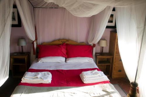 a bedroom with a bed with red pillows at La Balconata in Bagni di Lucca