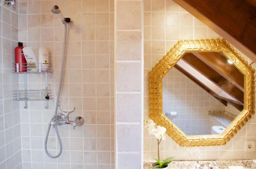 a bathroom with a mirror and a shower at Les Ares in Esterri d'Àneu