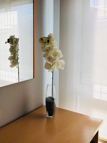 a vase of flowers sitting on a table at Hotel Viñas 17 in Teruel