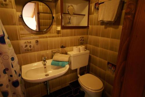 ein Badezimmer mit Waschbecken, Toilette und Spiegel in der Unterkunft Appartement Gschwandtner in Zell am See