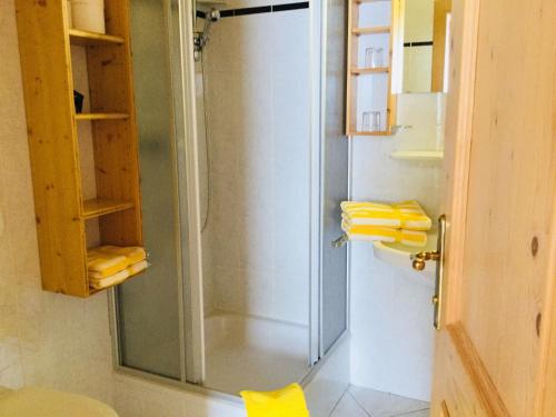 a bathroom with a shower and a glass door with yellow towels at Oimrausch in Ramingstein