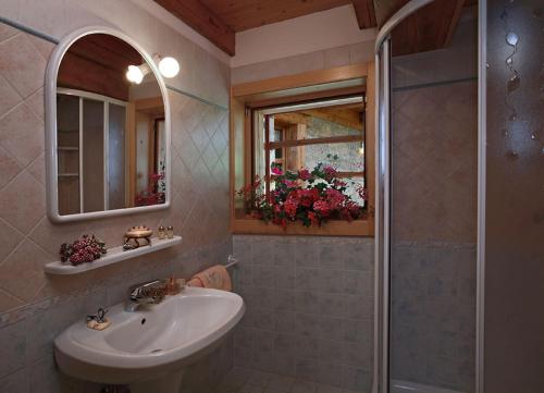 a bathroom with a sink and a mirror and a shower at Hotel Garni Plueme in Sauris