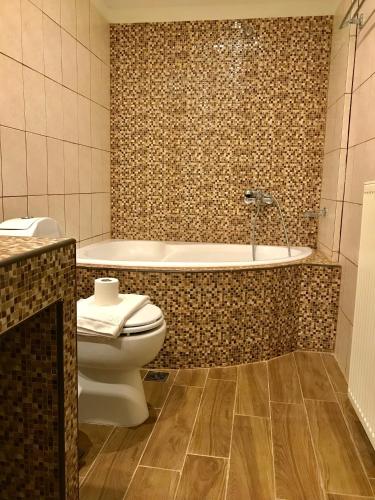 a bathroom with a toilet and a bath tub at Aloni Toy Kir Thanasi Hotel & Spa in Volakas