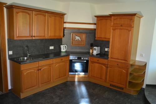 a kitchen with wooden cabinets and a sink at Unterbleiwanghof in Radstadt