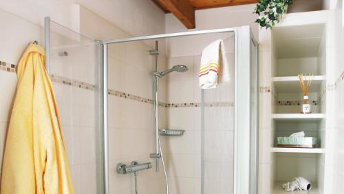 a shower with a glass door in a bathroom at BioDohrn in Bad Zwischenahn