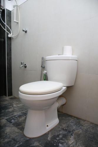 a white toilet in a bathroom with a shower at The Classic-hostel-apt-deluxe in Weligama