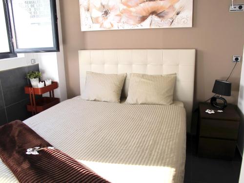 Schlafzimmer mit einem großen Bett mit einem weißen Kopfteil in der Unterkunft Apartamento ALDAMY in Granada