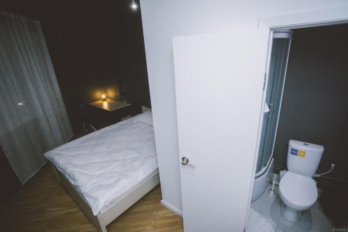 ニジニ・ノヴゴロドにあるPiligrim NN-HOTELSの小さなベッドルーム(ベッド1台、トイレ付)