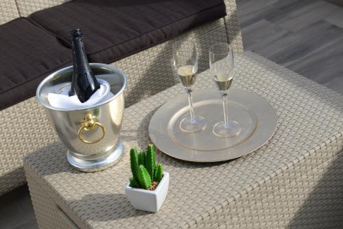a table with two glasses of wine and a cactus at Domus Dams B&B in Montescaglioso