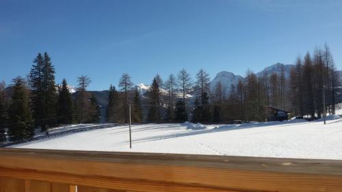 a view of a snow covered field with a fence at Chi Plans in Antermoia