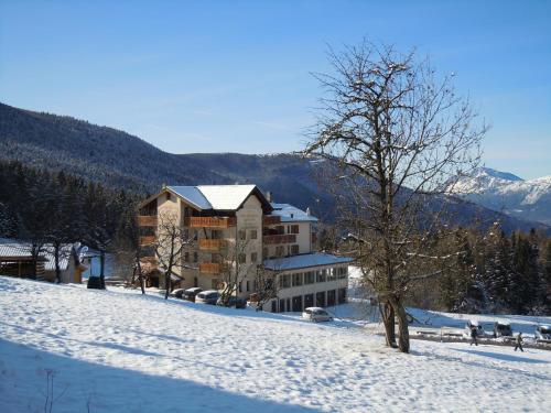 un edificio sobre una colina nevada con un árbol en Hotel Seggiovia, en Folgaria
