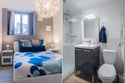 - deux photos d'une salle de bains avec un lit et une douche dans l'établissement SweetHome Dijon - Zola, à Dijon