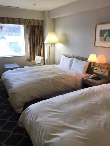 a hotel room with two beds and a window at Hotel Grand Terrace Chitose in Chitose
