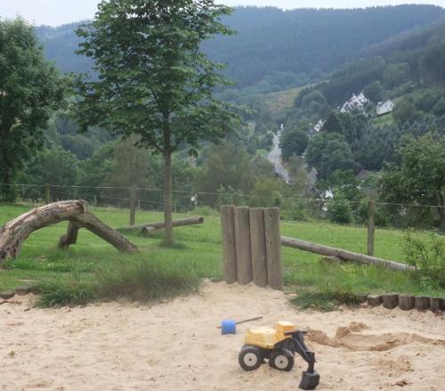 a toy tractor sitting in the sand in a field at Dümpelhof Ferienwohnungen in Olsberg