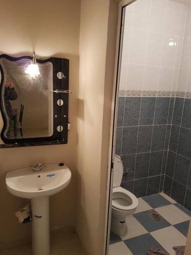 a bathroom with a sink and a toilet and a mirror at Appartement de lux 4 chambres in Oujda