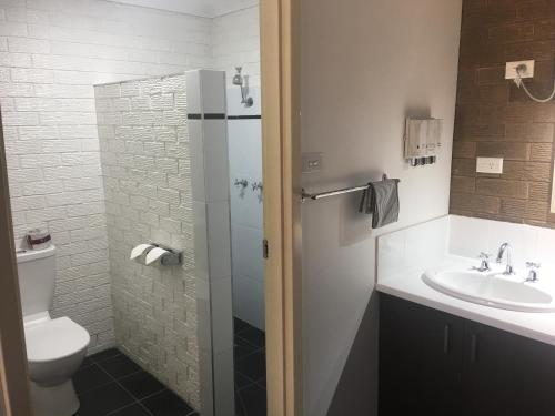 a bathroom with a shower, toilet and sink at Camellia Motel in Narrandera