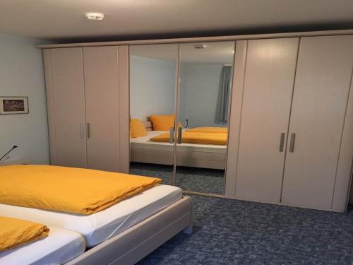 a bedroom with two beds and a mirror at Hotel Carlsruh in Braunlage