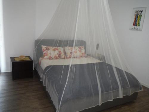 a bedroom with a bed with a mosquito net at Condomínio Veloso in Cidade de Nacala