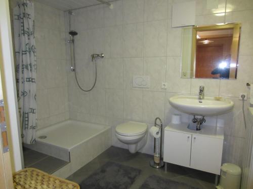een badkamer met een wastafel, een toilet en een douche bij Christine Oparaugo - Privatzimmer mit Bad in Leutkirch im Allgäu